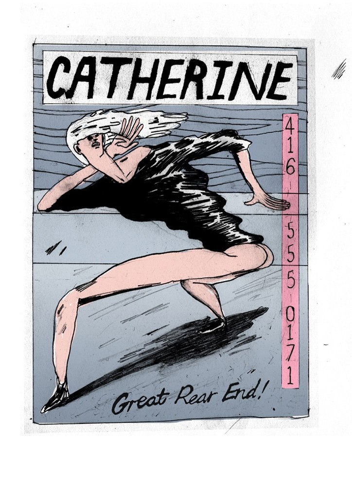 An illustration of a person in a black dress, leaning back in a dramatic, fluid pose. Above them, a bold header reads “CATHERINE”, while a pink vertical strip on the right contains the numbers “416 555 0171”. Handwritten text at the bottom reads “Great Rear End!”.