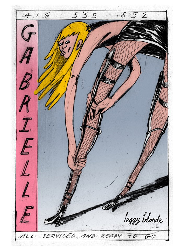An illustration of a blonde figure in fishnets and black heels, leaning over to adjust a garter. A pink vertical banner on the left reads “GABRIELLE”, while text at the bottom reads “ALL SERVICED AND READY TO GO”.