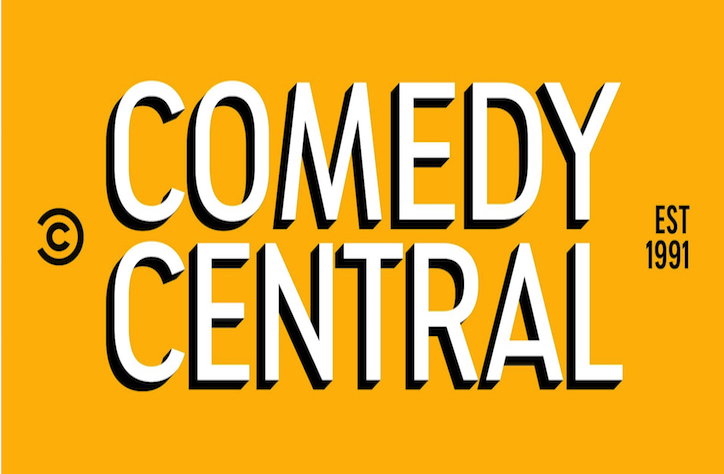 The Comedy Central logo in white 3D typography against a bright yellow background. To the right, smaller text reads “EST 1991”.