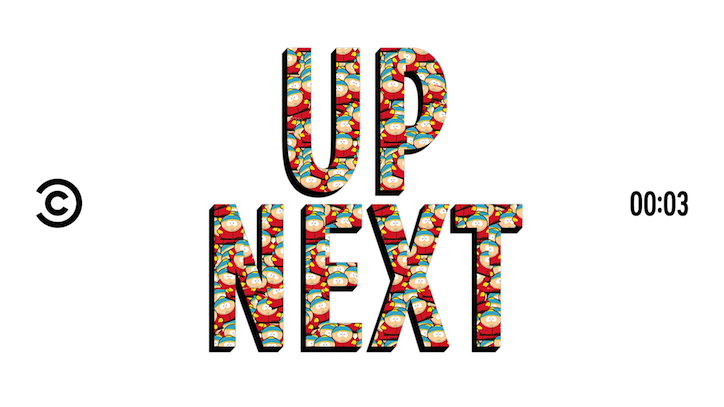 Bold, 3D lettering reads “UP NEXT” against a plain white background. The letters are filled with a repeating pattern of small, illustrated figures in red clothing.