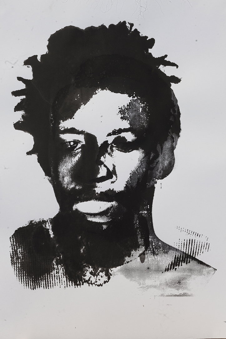 A high-contrast black and white print of a person’s face. The image uses heavy ink and textured hatching to create deep shadows and bright highlights.