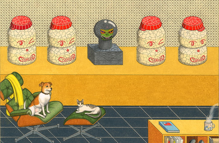 An illustration of a dog and a cat sitting on modern lounge chairs in a room. Behind them, four giant Yakult bottles and a crystal ball containing a green monster sit on a yellow shelf.