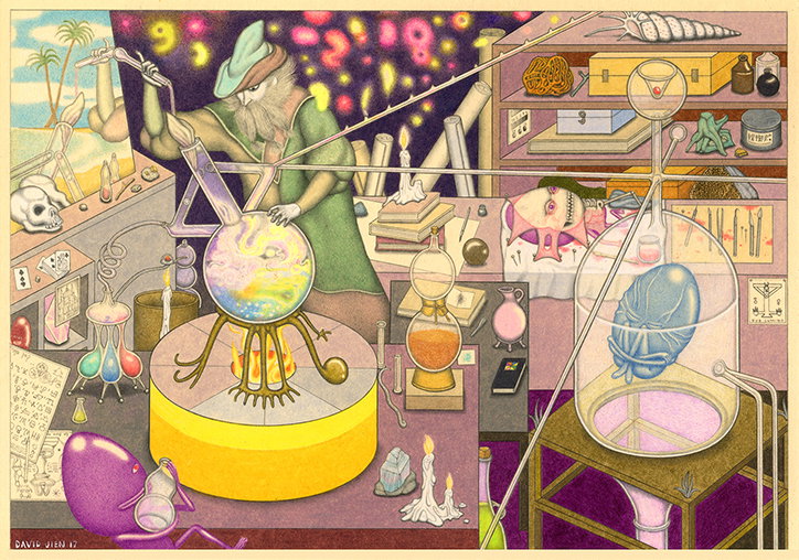 An illustration of a wizard in a green robe tending to a glowing, multicoloured potion in a glass sphere. The cluttered laboratory is filled with alchemy equipment, skulls, and a blue creature floating in a glass tank.