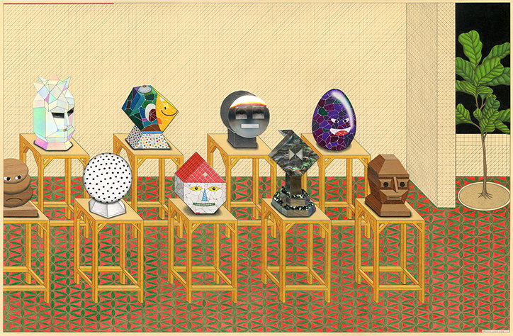 An illustration of ten surreal, face-like sculptures displayed on wooden plinths. The figures vary in shape and colour, arranged in two rows across a room with a red patterned floor.