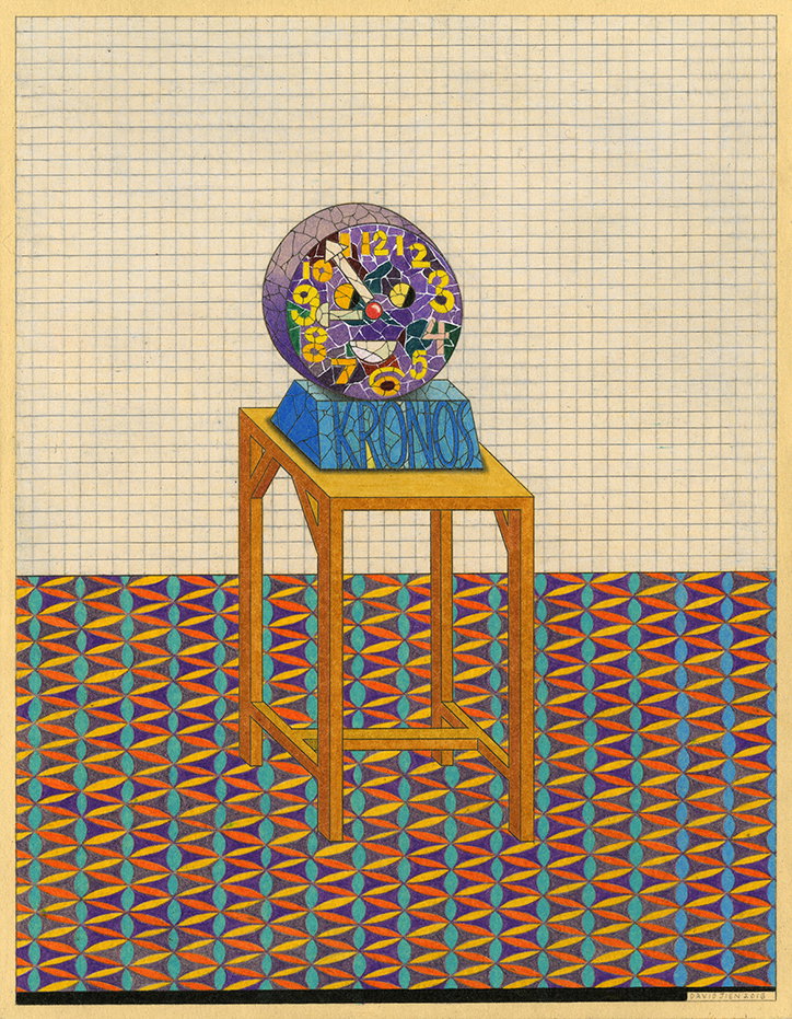 An illustration of a circular clock with a distorted, colourful face resting on a wooden stool. The clock sits on a blue block that reads “KRONOS” against a grid background and a patterned floor.