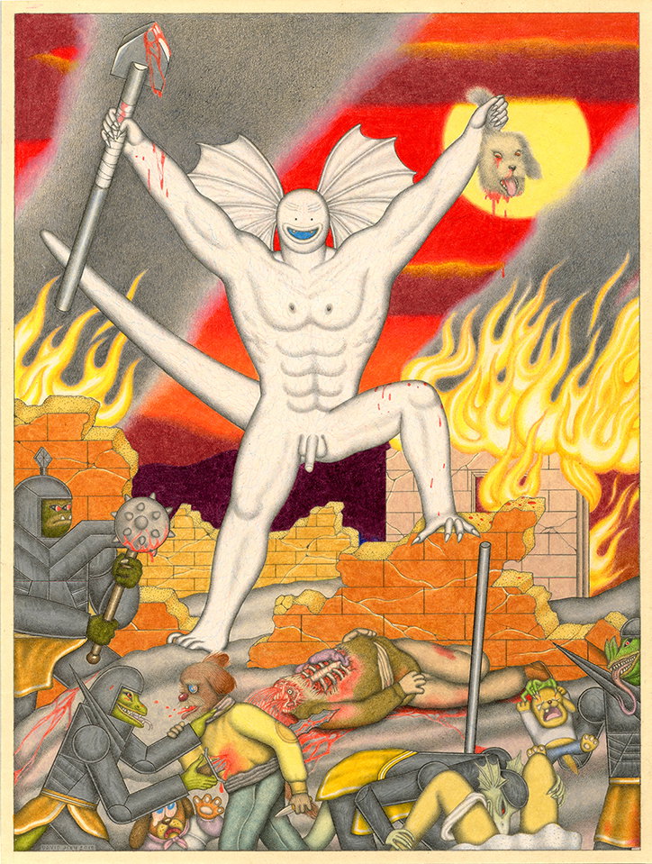 An illustration of a muscular, white-skinned figure with fin-like ears and a wide smile. They stand atop a ruined brick wall, holding a bloody hammer in one hand and a severed animal head in the other. Around them, a city burns under a red sky, with several fallen figures lying in the rubble.