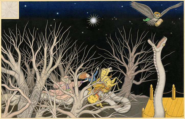 An illustration of a surreal night scene featuring a person riding a yellow horse through a forest of pale, leafless trees. A giant white serpent coils around the horse and trees, while another serpent rises from a golden platform on the right. Above, a winged owl flies across a dark starry sky beneath a bright, radiating star.