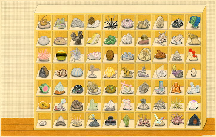 An illustration of a large, yellow wooden cabinet with a grid of small compartments. Each shelf holds a different colourful mineral, crystal or organic specimen.