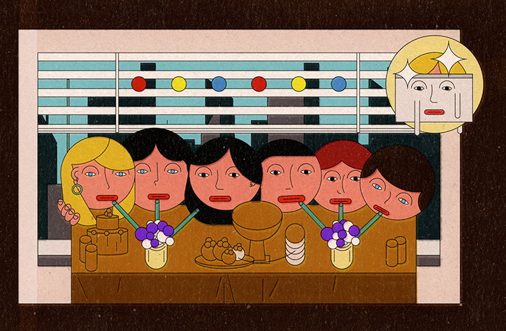 An illustration of six people sitting at a long table, each drinking from a glass through a long, curved straw. They have similar, neutral expressions and are positioned in a row against a window with closed blinds.