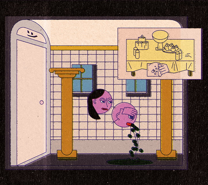An illustration of two pink figures in a tiled room. One figure covers their eyes while a plant grows from their mouth, as another figure looks on. A floating panel above them shows a hand reaching for food on a table.