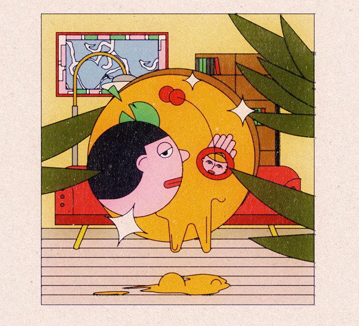 An illustration of a person with black hair whose body is a large, yellow, circular cake. They stand in a living room, looking at their own hand which has been sliced away as a small piece of cake.