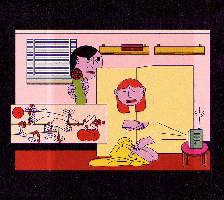 An illustration of two people in a room with a pink wall. One person peers from behind a yellow wardrobe, while another sits on the floor beside a small radio.