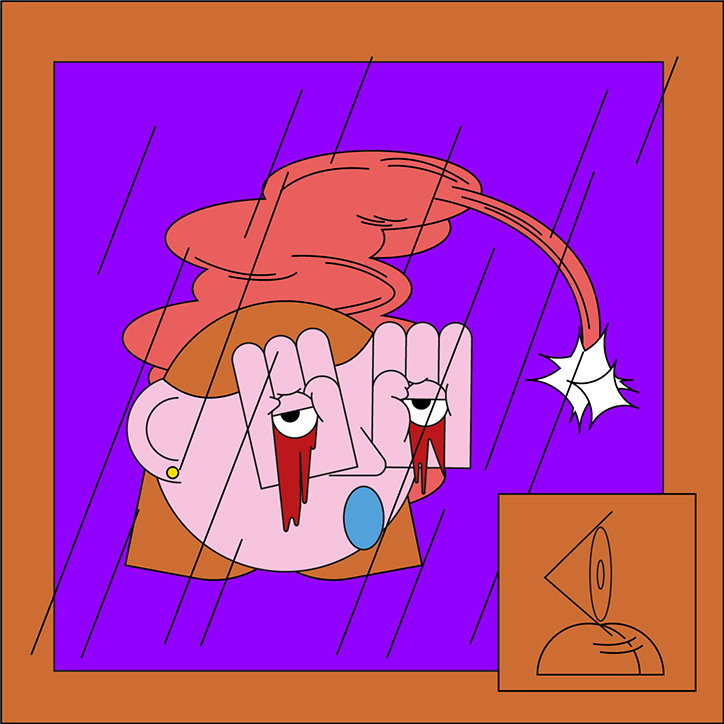 An illustration of a pink-faced figure with red hair against a purple background. Red liquid streams from their eyes, and a white jagged shape strikes the end of their hair.