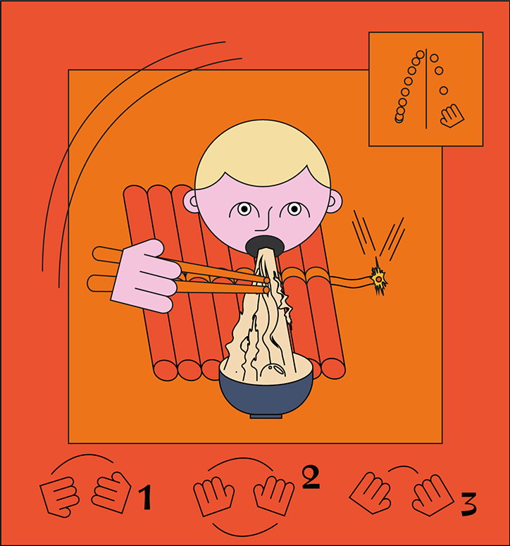 An illustration of a person eating noodles from a blue bowl with chopsticks. The figure is set against a bright orange background with red vertical shapes behind them. Three numbered diagrams at the bottom show hand positions for using chopsticks.