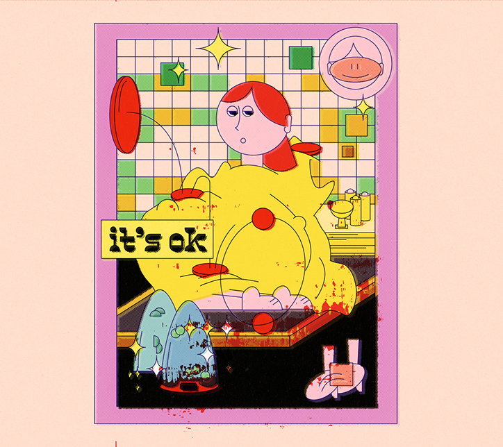 A colourful illustration of a figure with red hair and a yellow body, set against a grid background. A speech bubble to the left reads “it’s ok”.