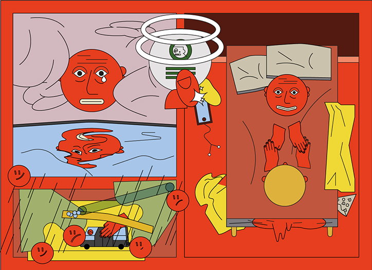 An illustration divided into panels on a red background. A red-faced person appears in various states of distress, including crying in bed and drowning in water.