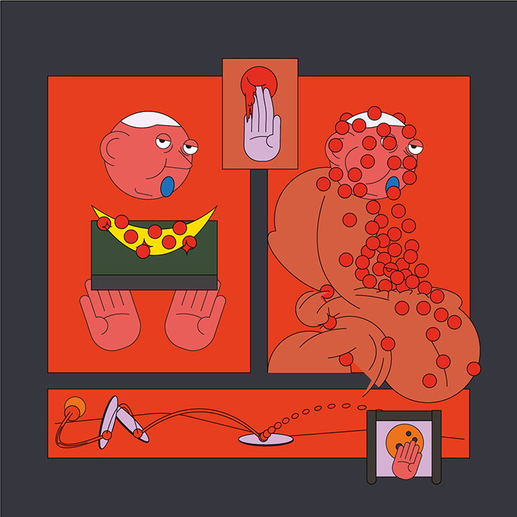 An illustration of two figures against a red background. One figure is partially obscured by a green block, while the other is covered in small red circles.