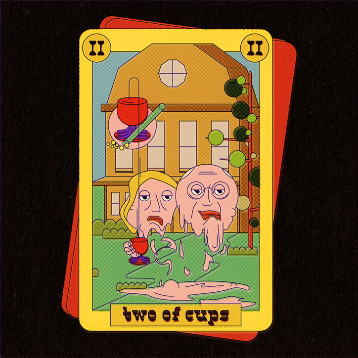 An illustration of a tarot card titled “two of cups”. Two pale, distorted figures stand before a large yellow house, while a red cup floats above them.