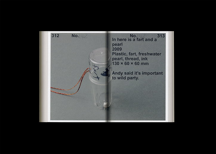 An open book shows a small plastic cylinder containing a single white pearl. Text on the facing page reads “In here is a fart and a pearl” and lists the materials as “Plastic, fart, freshwater pearl, thread, ink”.