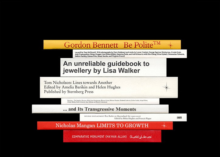 A stack of book spines and pamphlets in various colours against a black background. Legible titles include “Gordon Bennett Be Polite”, “An unreliable guidebook to jewellery by Lisa Walker” and “Nicholas Mangan LIMITS TO GROWTH”.