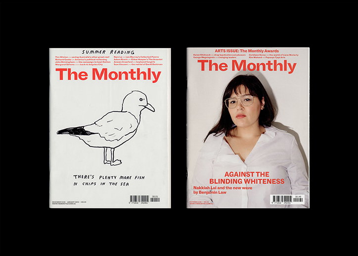 Two covers of The Monthly magazine against a black background. The left cover features a simple line drawing of a seagull and the text “There’s plenty more fish n chips in the sea”. The right cover shows a person wearing glasses and a white shirt, with the headline “Against the blinding whiteness”.