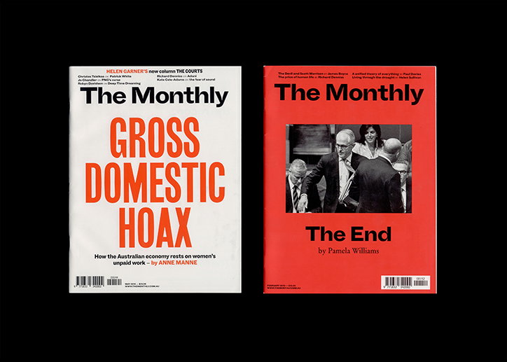 Two covers of The Monthly magazine set against a black background. The left cover is white with bold red text reading “GROSS DOMESTIC HOAX”, while the right cover is red with a black and white photograph of people in suits and the title “The End”.