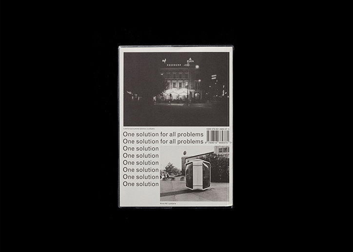 A black and white book cover featuring a night photograph of a lit building. Below the image, the phrase “One solution for all problems” is repeated several times alongside a small photo of a futuristic pod.
