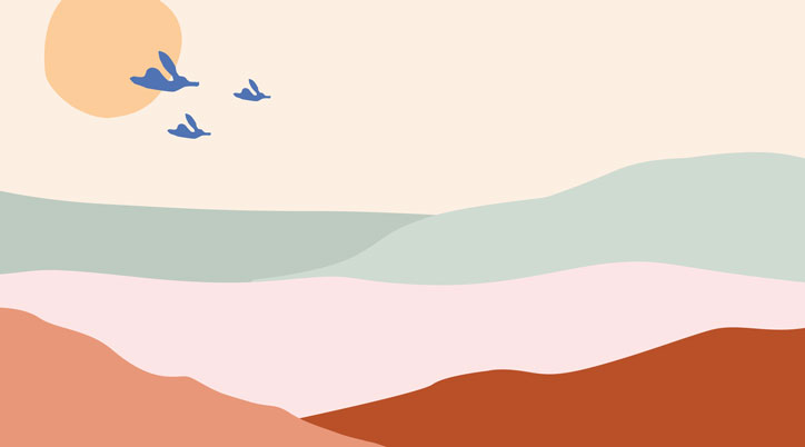 An illustration of a minimalist landscape with rolling hills in shades of terracotta, pink and pale green. Three blue birds fly across a cream sky towards a large, pale orange sun.