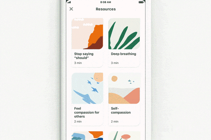 An animation of a mobile app interface titled “Resources”, showing a grid of illustrated wellness exercises. The screen transitions to a “Deep breathing” guide with instructions on how to inhale and exhale, before returning to the main menu.