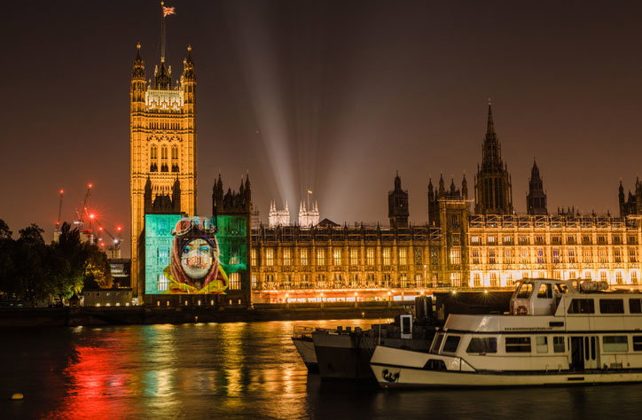 Jamie Hewlett artwork for Extinction Rebellion projected on Houses of Parliament