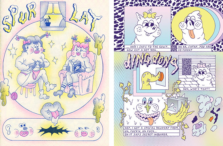 Two pages from a comic book featuring stylised, cartoon figures. The first page shows two figures sitting in a room, one knitting and the other reading a book, under the words “SPUR LAY”. The second page is a multi-panel strip with a character in a bow, including the words “DING DONG” and dialogue bubbles.