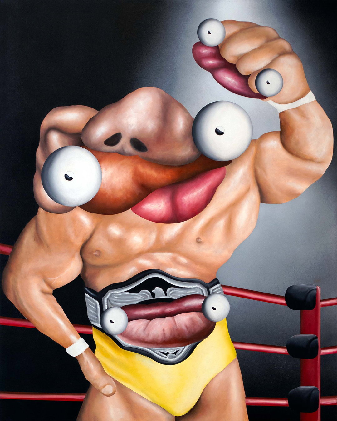 A painting of a muscular figure in a wrestling ring, whose head and torso are composed of oversized facial features. Large eyes and a wide mouth form the face, while a second mouth is set into a championship belt around their waist.