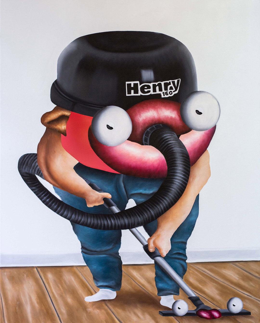 A painting of a figure with a Henry vacuum cleaner for a head, wearing blue trousers. They lean forward to vacuum a wooden floor, using the vacuum's own hose as an arm.