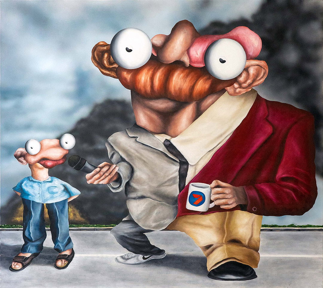A painting of two distorted figures with oversized, bulging eyes and exaggerated features. A larger figure in a red and grey suit holds a microphone to a smaller person wearing a blue shirt and jeans.