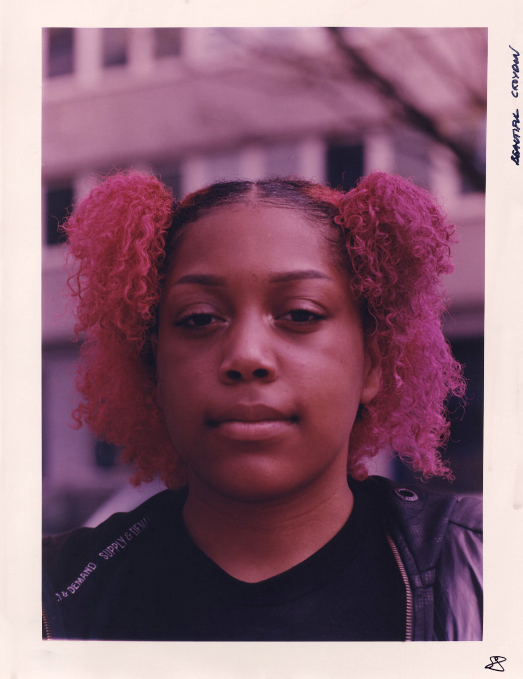 A person looks directly at the camera with a neutral expression. They have bright pink curly hair styled into two high pigtails.
