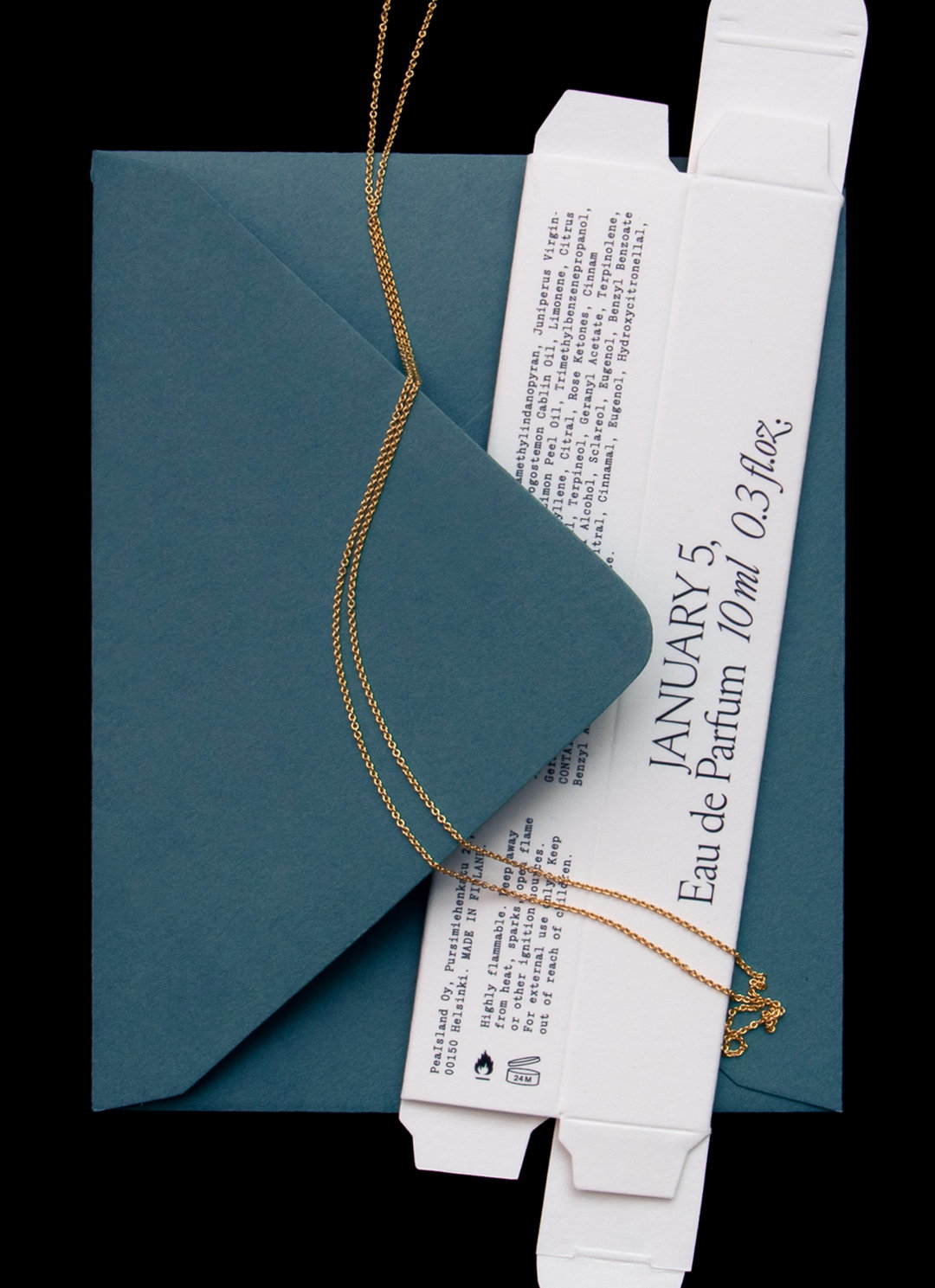 A gold chain necklace is draped across a dark teal envelope and a white paper slip. The slip features a list of ingredients and the text “JANUARY 5, Eau de Parfum 10ml 0.3fl.oz.”.