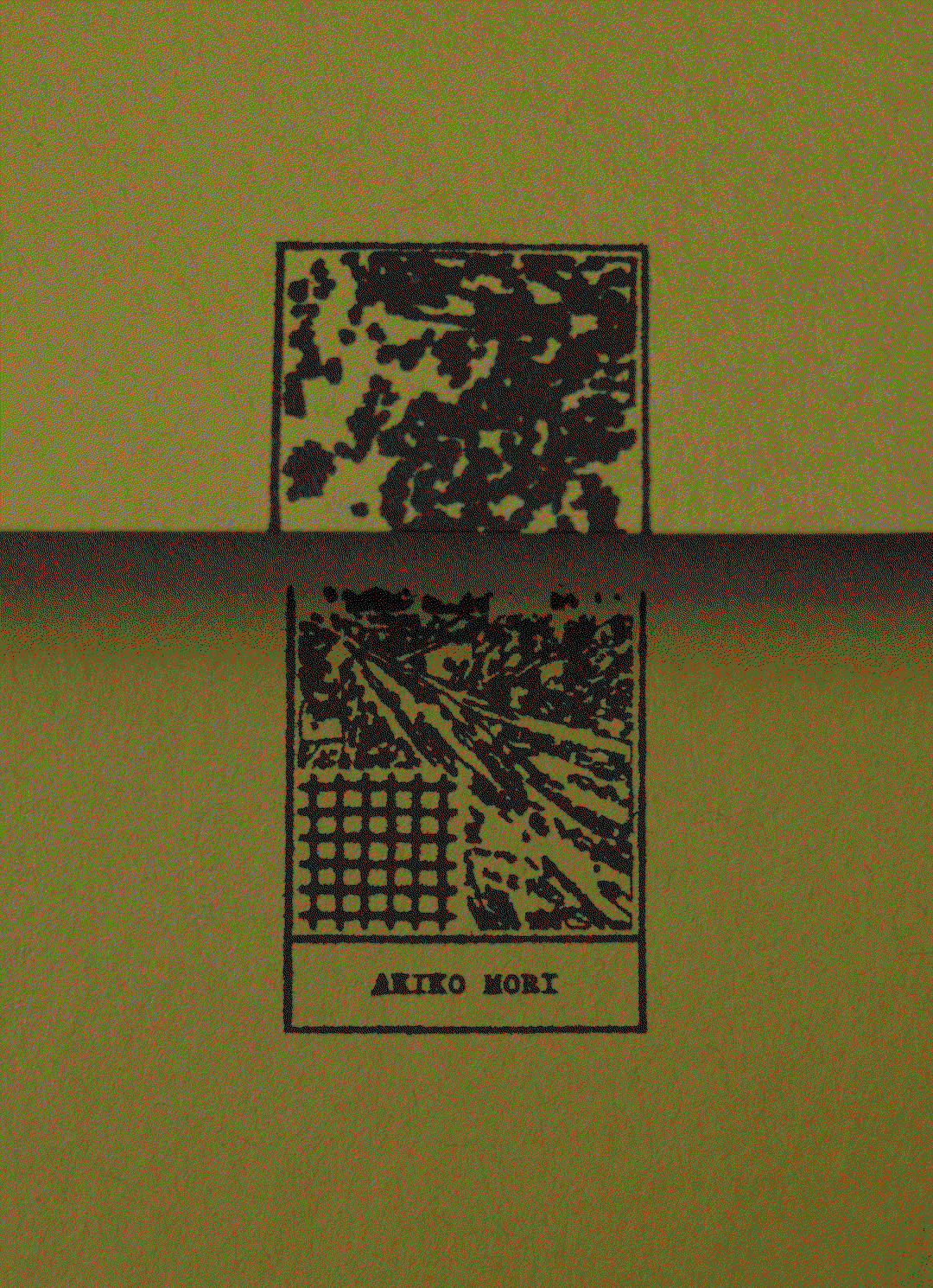 An animation of black and white graphic prints. It shows a block of text overlaid with a circular motif and the word “MOI”, then a landscape with the date “JANUARY 5”, and finally a textured abstract image with the name “AKIKO MORI”.