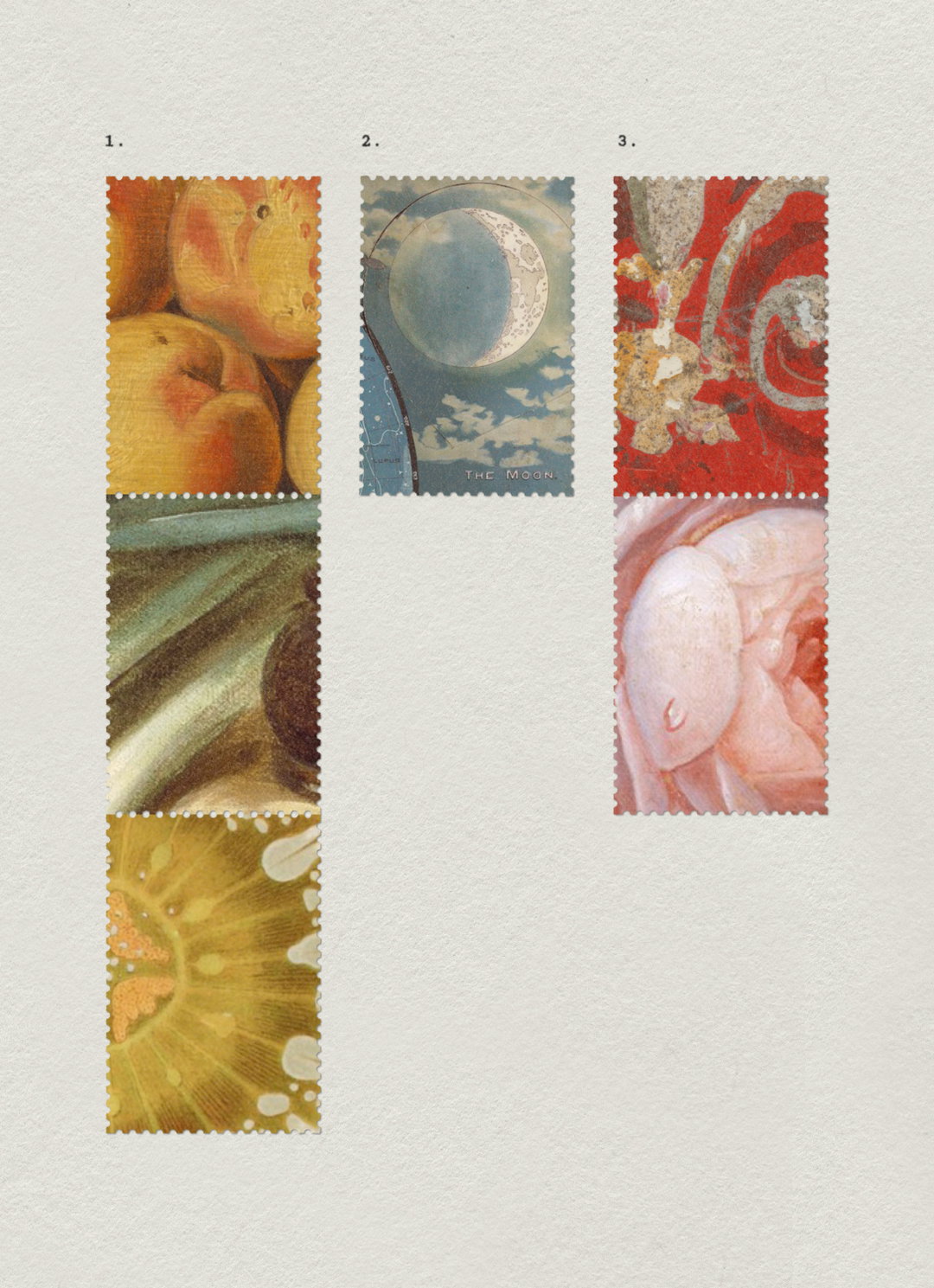 A collage of six postage stamps with perforated edges, arranged in three vertical columns. The stamps feature various close-up images, including fruit, a moon with the text “THE MOON”, and floral patterns.