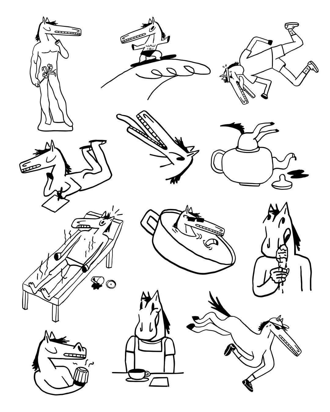 A series of black and white line illustrations featuring a figure with a human body and a horse’s head. The character is shown in various scenarios, including surfing, lounging on a sunbed, and eating an ice cream.