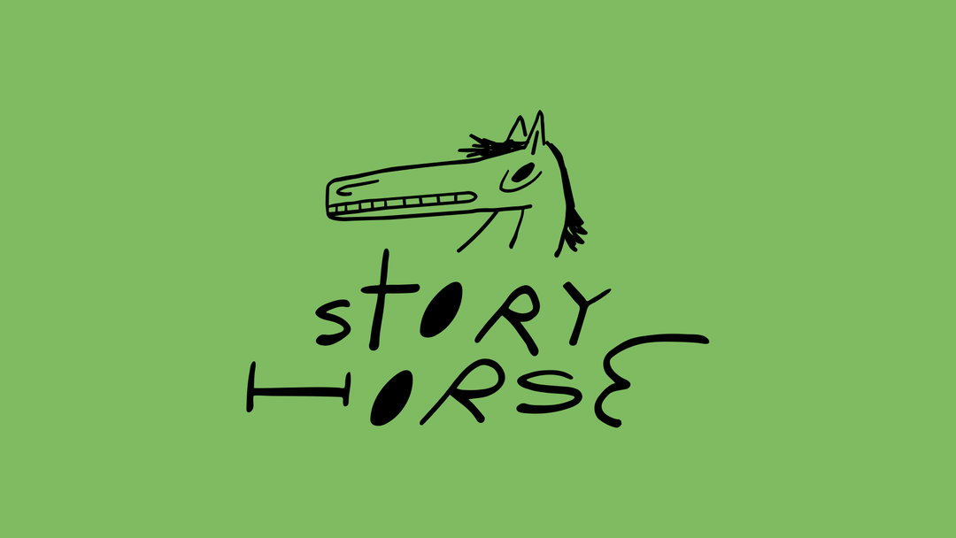An illustration of a simple black line drawing of a horse's head on a lime green background. Below the drawing, hand-drawn text reads “story horse”.