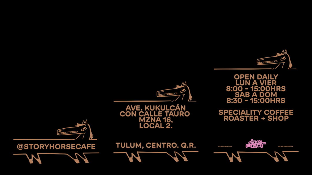 Three brown graphic panels on a black background. They feature a stylised horse head and text for “Story Horse Cafe”, including an Instagram handle, an address in Tulum and opening hours.