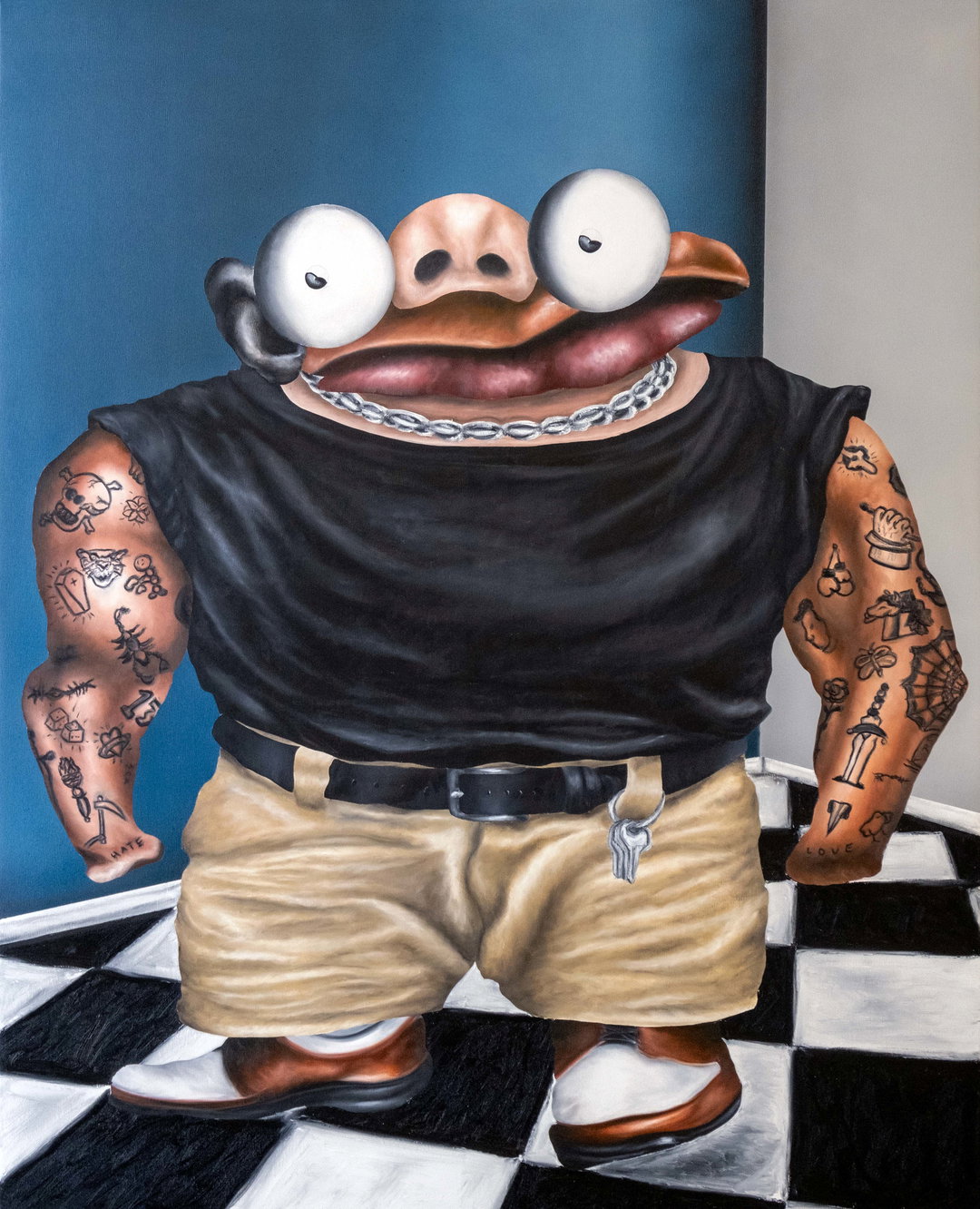A painting of a surreal, muscular figure with a distorted face and large, bulging eyes. They wear a black T-shirt, a silver chain, and tan shorts, with detailed tattoos covering both arms.