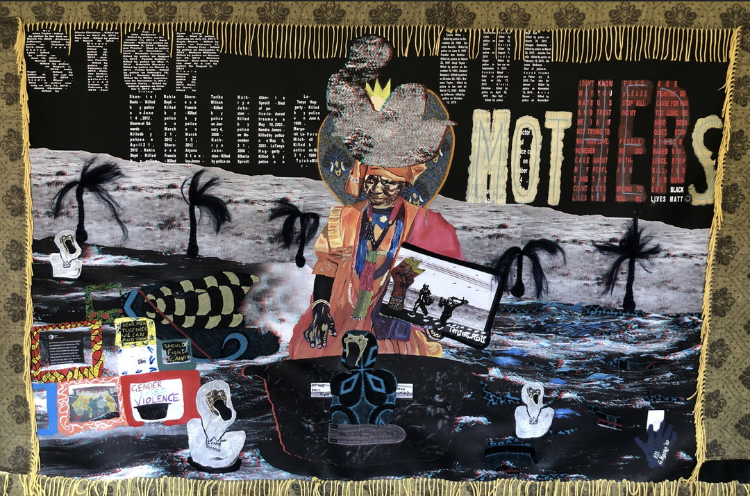 Giggs Kgole, Boshielo, 2020, Anaglyph, oil, acrylic, fabric and mixed media collage on canvas_art_exhibition_itsnicethat.jpeg