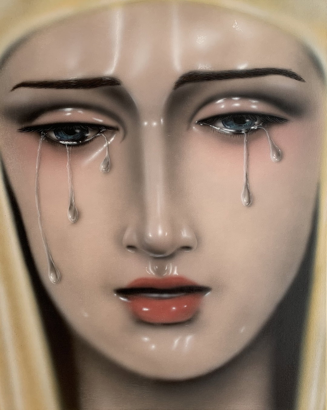 Filippo Cegani’s plastic-sheened paintings interrogate the commodification of religious iconography