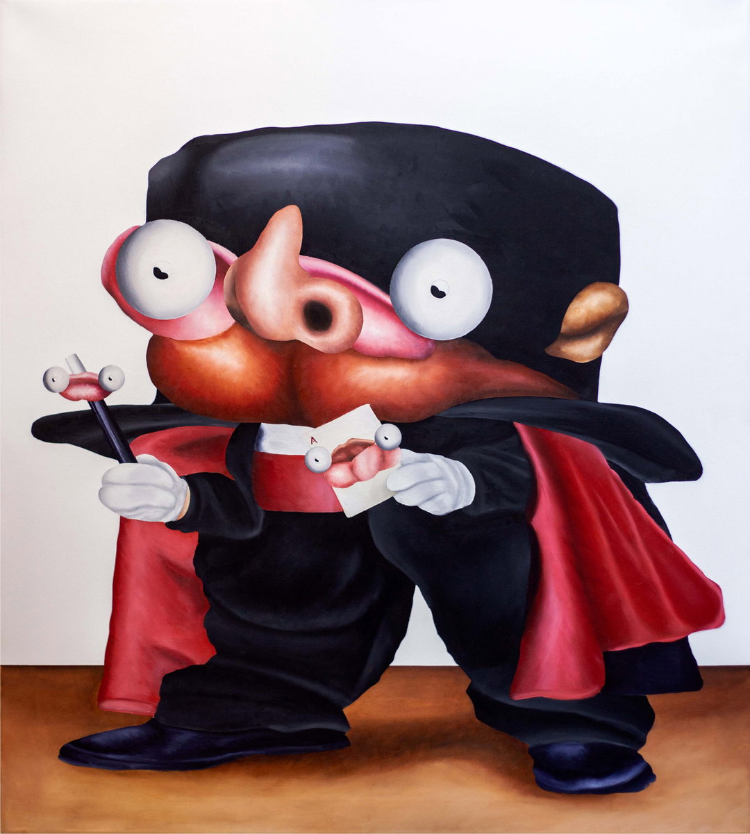 A painting of a surreal, distorted figure wearing a black suit, a black hat and a red-lined cape. The figure has oversized, bulging eyes and a large, bulbous nose, and holds a small white card and a stick with a miniature face on the end.
