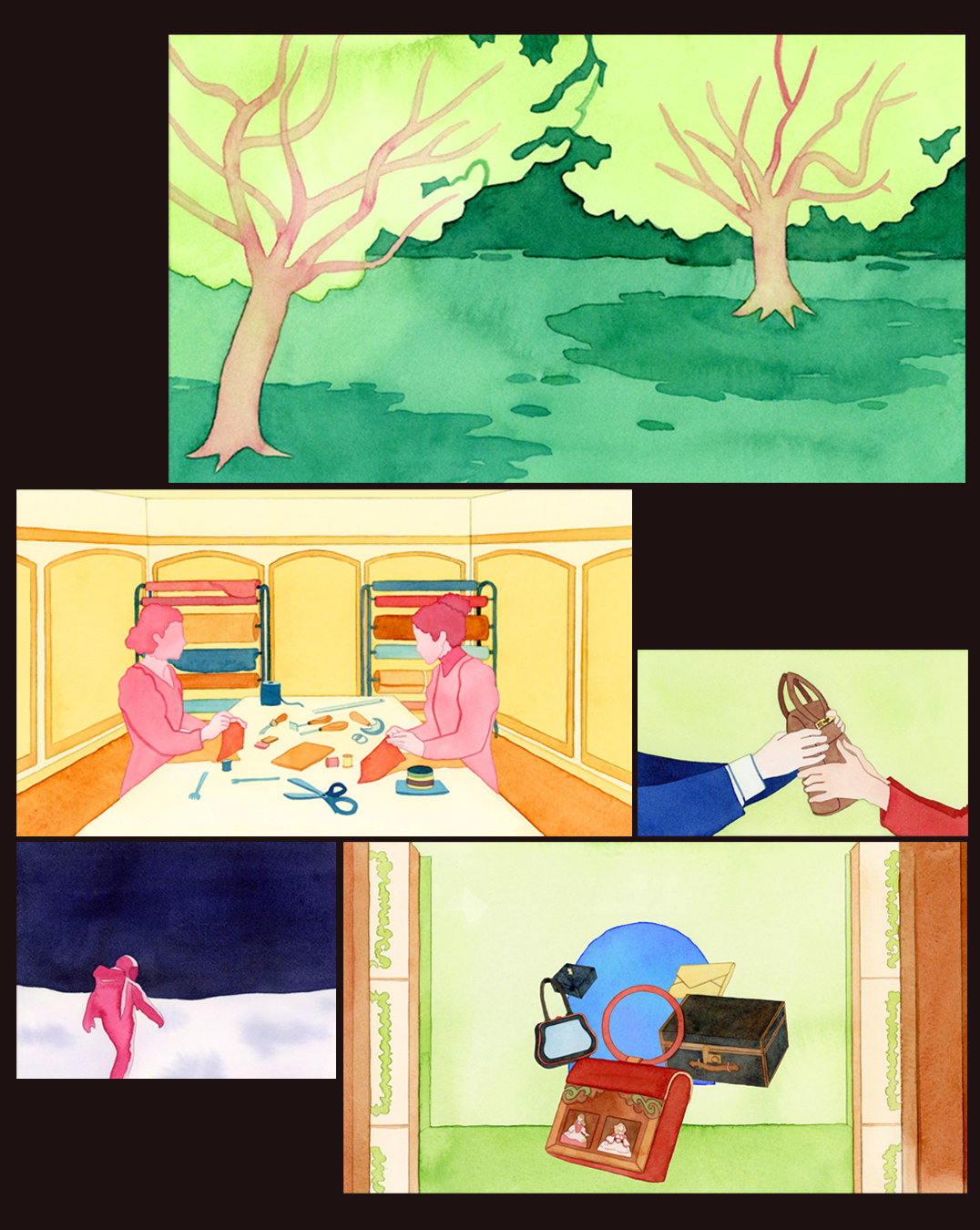 Joanna Blémont transforms watercolour paintings into comics, zines and a 2,000-frame film for Loewe
