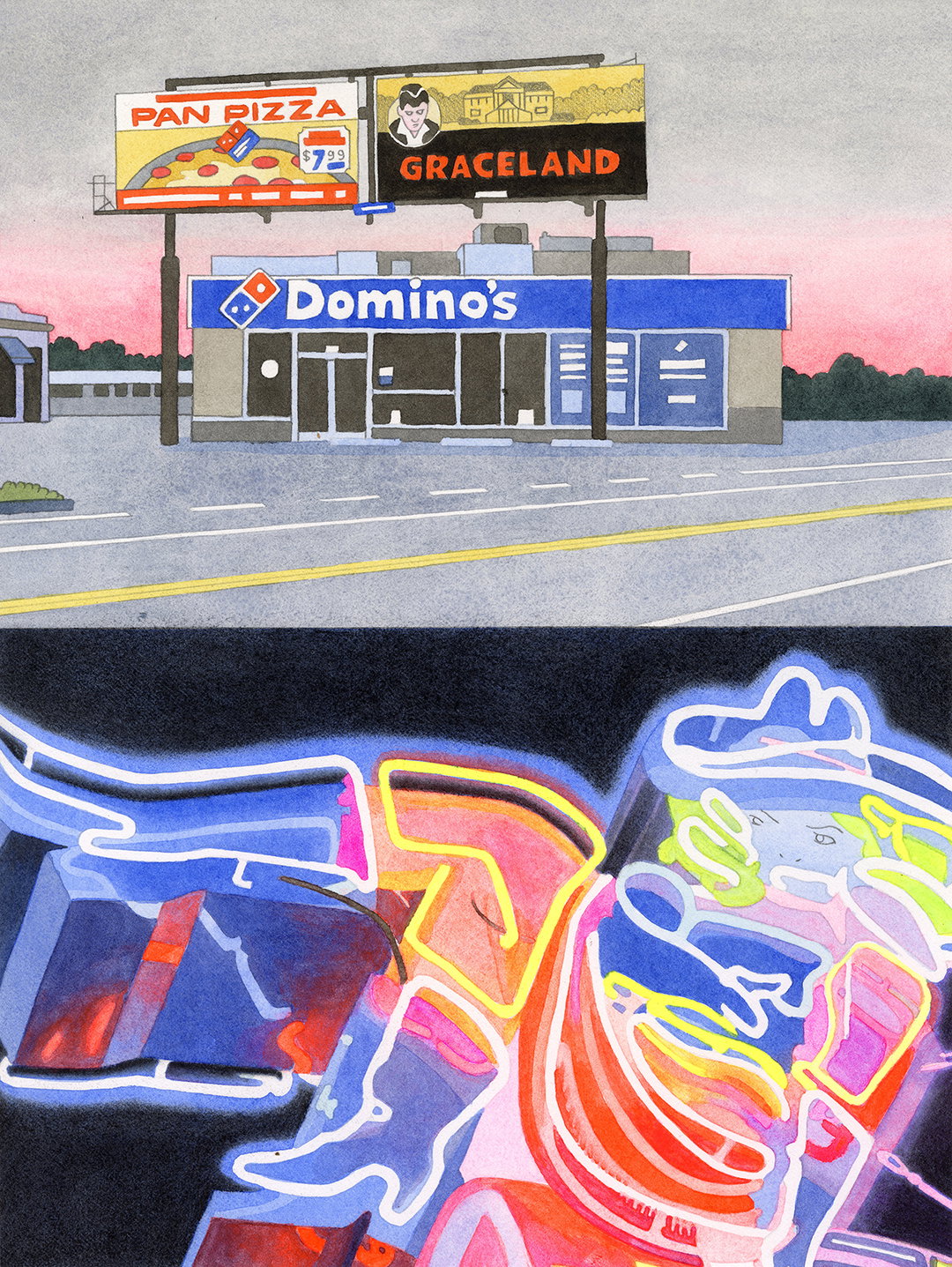 Like a sad Lana Del Rey song, Louise Laborie’s comics illustrate a quiet, neon Americana