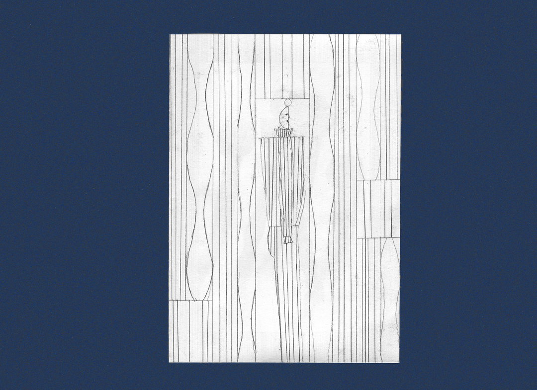 A minimalist line drawing of a slender, elongated figure standing amidst a series of vertical, undulating lines. The figure has a small, simplified head and a long, pleated body that blends into the surrounding stripes.