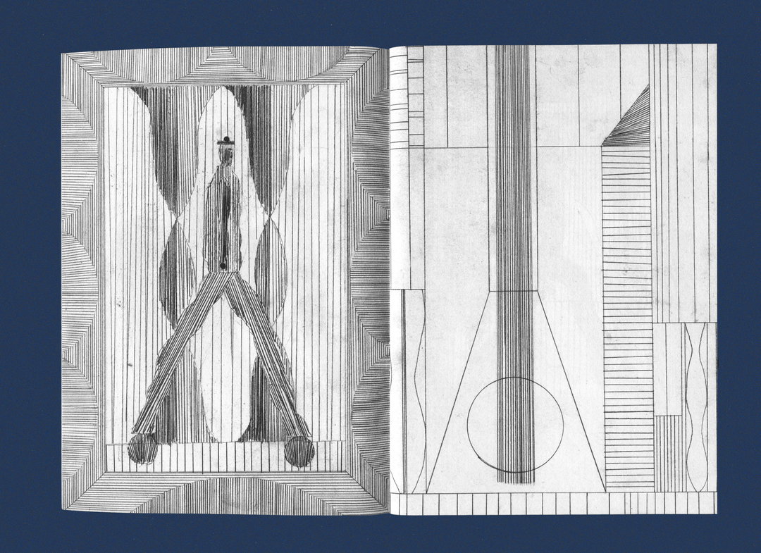 A black and white illustration across two pages. On the left, a figure stands within a framed space of dense, vertical lines. On the right, a minimalist composition of geometric shapes and linear patterns.