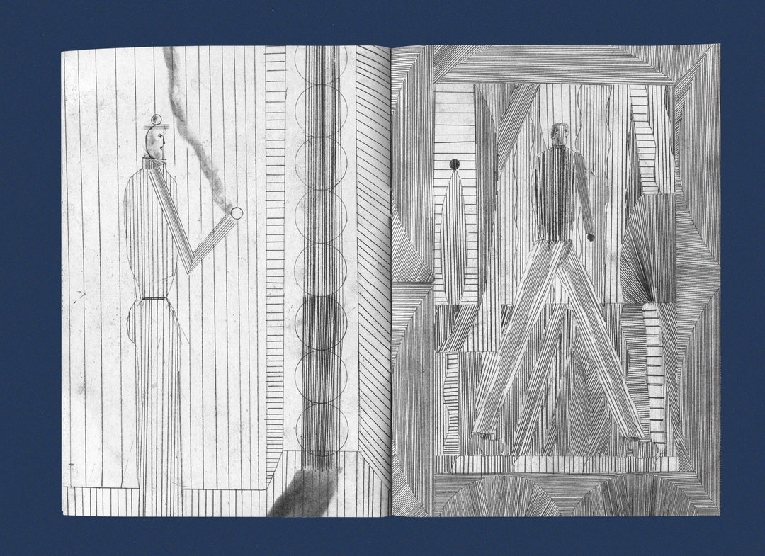 A black and white illustration across two pages. On the left, a tall, thin figure stands in a room of vertical lines, holding a smoking object. On the right, a similar figure stands within a complex, geometric architectural space made of hatching and linear patterns.
